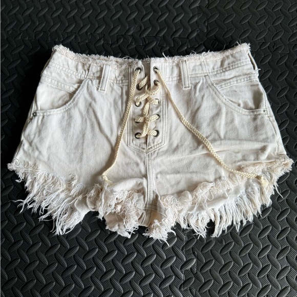 Free People Pants - Free People Lace-Up Frayed Cream Denim Shorts